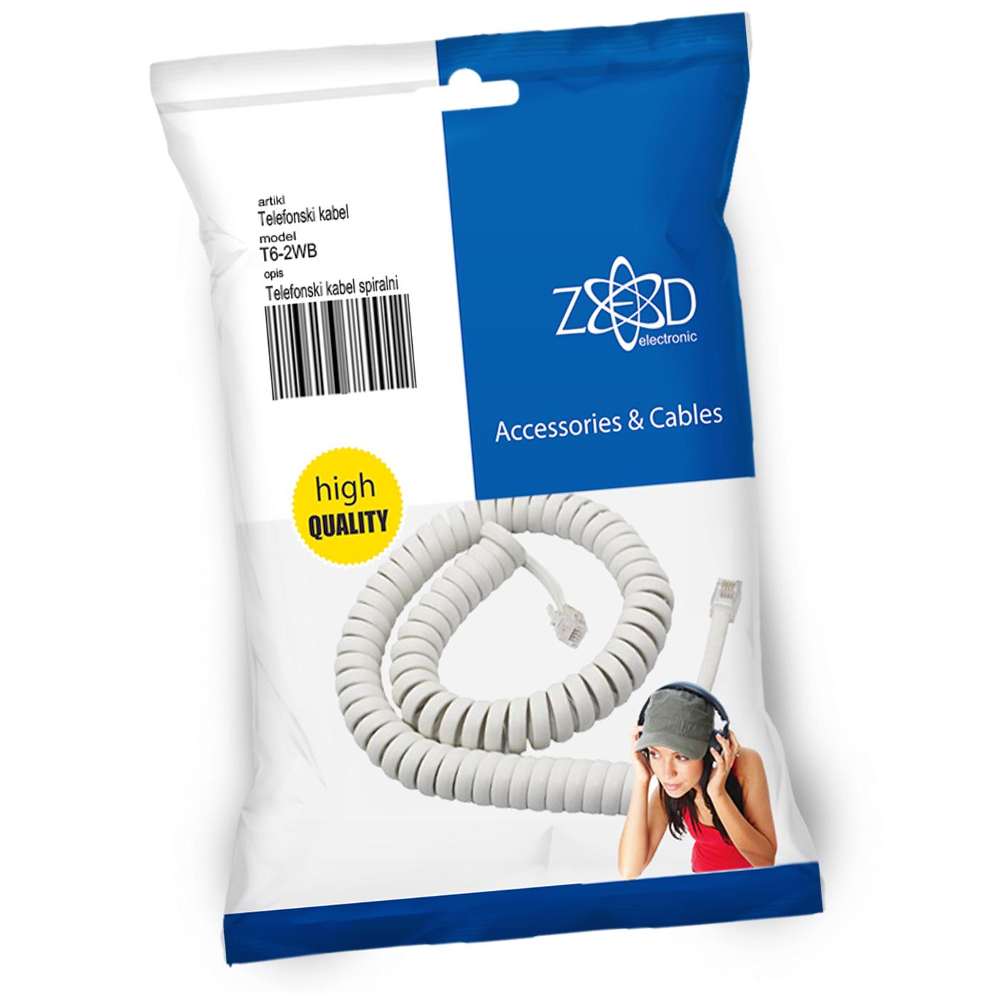 Telefonski kabl spiralni za slušalicu,dužina 2 metra,bijeli